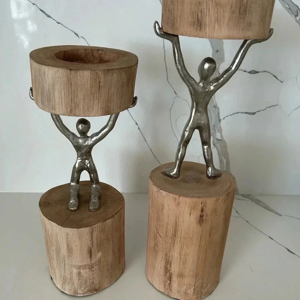 Set Of 2 PIER 1 WOODEN MAN CANDLE HOLDER Made In India - Picture 8 of 10